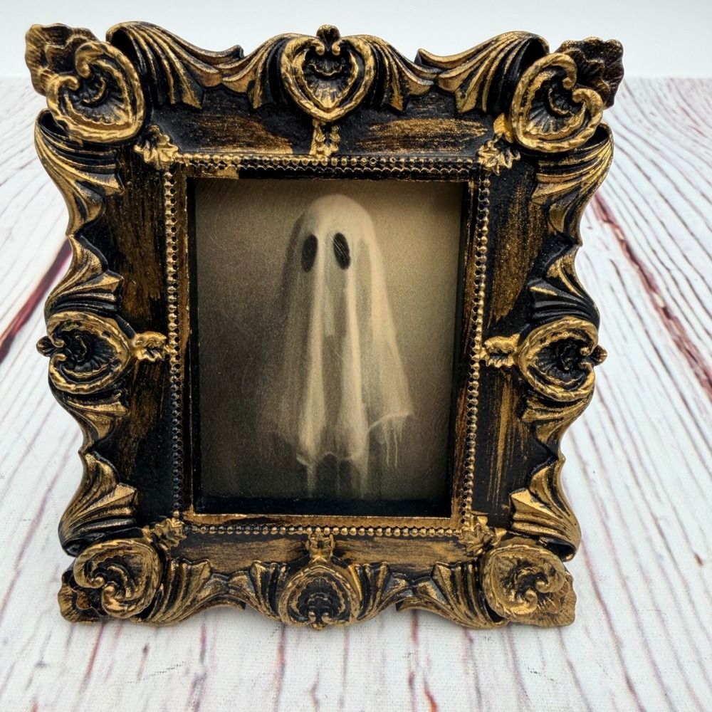 Handmade Ornate Ghost Portrait Mini Frame Black Gold Gothic Decoupage Art